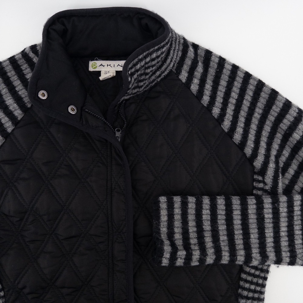 Dakini Womens M Jacket Black Striped Quilted Lambswool Hybrid Full Zip Nordic